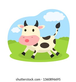 cows run in the grasslands,cartoon cow vector,animals illustration.vector cartoon for kids