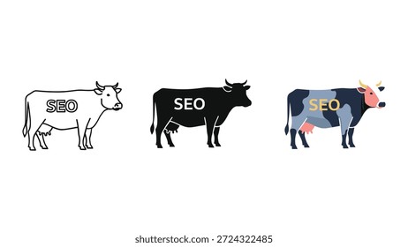 Vacas com rótulo seo no corpo representando a otimização do mecanismo de pesquisa