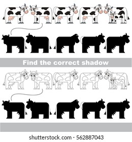 Cows set to find the correct shadow, the matching educational kid game to compare and connect objects and their true shadows, simple gaming level for preschool kids.