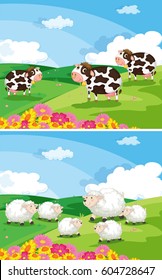 Cows and sheeps in the fields illustration