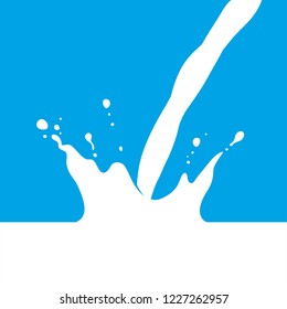 Cows, sheeps, goats, soya, rice, oat, hemp or coconut milk splash with pour, simple flat graphic vector illustration, isolated on blue background