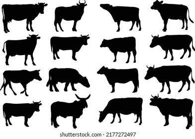 Colección de siluetas de vacas en blanco y negro