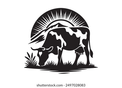 Cows Silhouettes In Different Poses Cow Grazing On Meadow