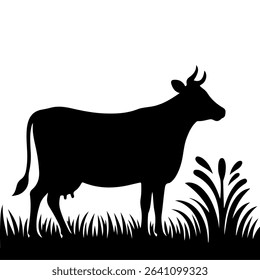 Cows Silhouettes In Different Poses Cow Grazing On Meadow vector illustration 