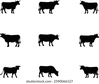 Cows silhouettes isolated on white background. Vector illustration of black cows.