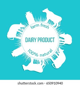 Cows silhouettes and a milk can on blue background. Round emblem. Concept idea for diary, Cattle farm. For logo, tag, banner, advertising, prints, design element, label.