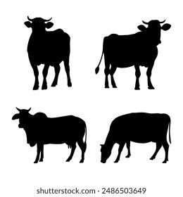 Vacas siluetas sobre fondo blanco. Animales de granja. Ilustración vectorial de vaca.