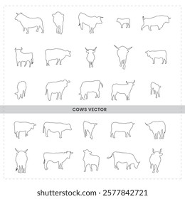 Cows Simple line drawings farm animals, minimalist sketches black and white clean outlines agricultural illustration, veterinary diagrams livestock breeds side various poses.