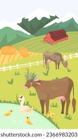 Cows staying on rural landscape background, farmhouse with mountain view, haystacks, meadow, vector illustration