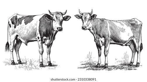 Cows two sketch hand drawn in doodle style illustration