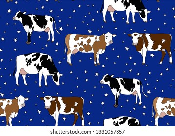 Cows vector background. Seamless pattern. Hand drawn illustration. Animals backdrop. Illustration with animals. Vector pattern on dark blue background.