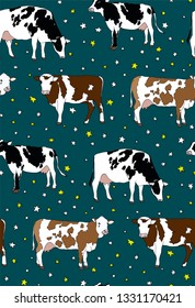 Cows vector background. Seamless pattern. Hand drawn illustration. Animals backdrop. Illustration with animals. Vector pattern on green background.