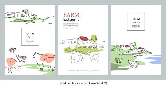 Cows And Village Houses. Agricultural Brochure Layout Design. Cows In The Pasture. One Line Drawing. A Set Of Banners.