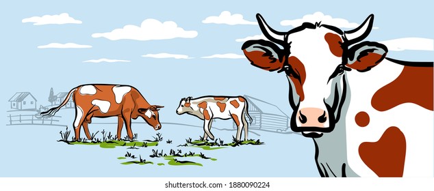 Cows walk on the lawn in the background of the village. Clouds in the sky. Stylish horizontal illustration in a delicate blue color. For packaging design. Vector.