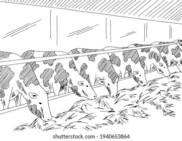Cowshed graphic interior black white sketch illustration vector