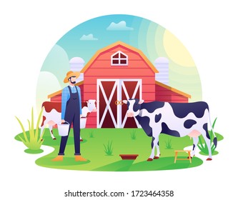 Cowshed Illustration, a Ranch or Rural for Livestock Dairy, Cow and Cattle. This illustration can be use for website, landing page, web, app, and banner.