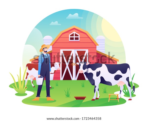 牛小屋のベクターイラスト 牧場または農村での家畜 牛 牛 のイラスト この図は ウェブサイト ランディング ページ ウェブ アプリ バナーに使用できます のベクター画像素材 ロイヤリティフリー