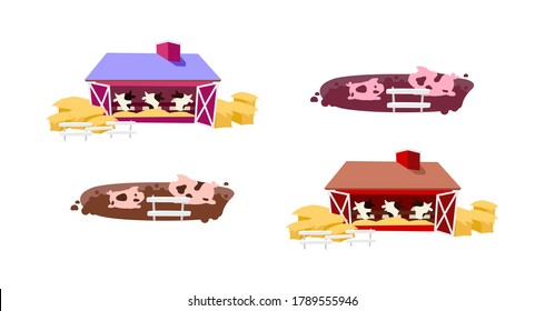 Cowsheds flat color vector objects set. Pig fencing. Dairy cows. Farming and husbandry. Domestic animals isolated cartoon illustration for web graphic design and animation collection