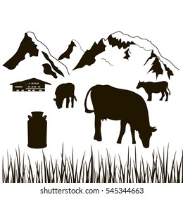 cows,milk can, grass and house on a mountains background. Dairy production silhouette. Cattle farm. Alpine background. For logo, price tag, banner, advertising, prints, design elements, sticker, label