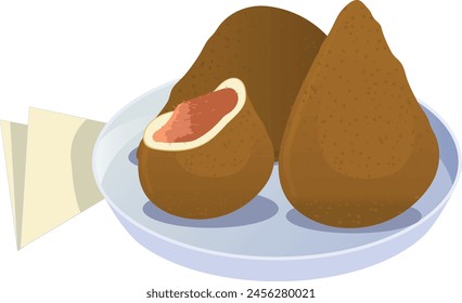 Coxinha is a Brazilian snack consisting of shredded chicken encased in dough, molded into a shape resembling a chicken thigh, breaded, and fried