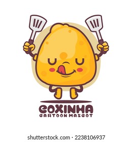 Mascota de dibujos animados de Coxinha. Ilustración portadora de comida brasileña. aislado en un fondo blanco