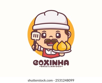 Mascote do cartoon Coxinha, design do logotipo do molde de comida brasileiro, ilustração vetorial em estilo de esboço.