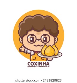 coxinha logo mascot with grandma cartoon character, vector illustration in outline style