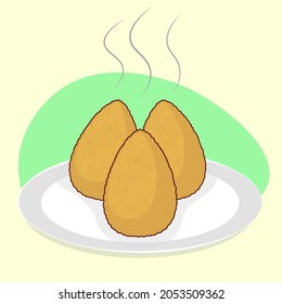 Coxinha. traditional brazilian food. vector of three Coxinhas on plate. drawing with outlines. for web design or print. isolated on green and yellow background. eps10