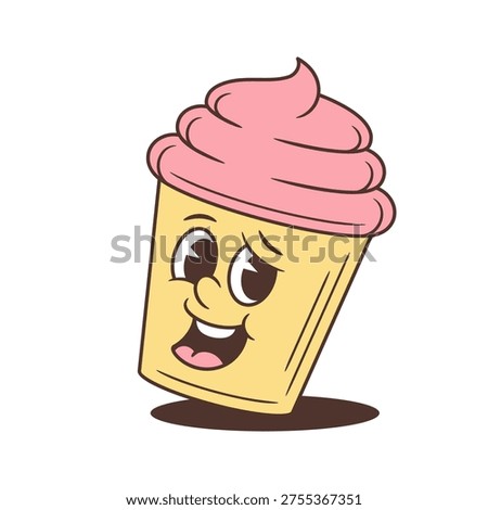 Coy cartoon cupcake character mascot vector illustration. Funny dessert with a shy smiling face. Retro comic food personage for bakery, cafe, or sweet shop branding. Isolated cheerful sticker design