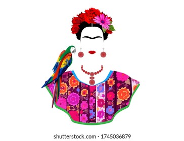 Coyoacan, Mexico City, Mexico, Frida Kahlo Vector Portrait And Parrot. Traditional Mexican Embroidery Dress And Crown Of Flowers And Red Flowers. Vector Isolated On White Background