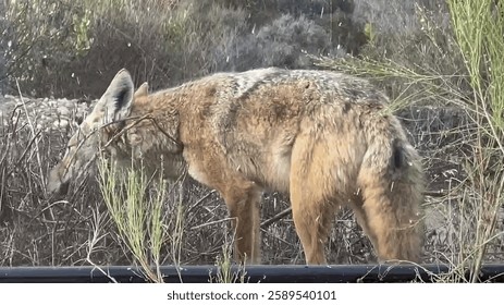 A coyote hunts near an apartment building