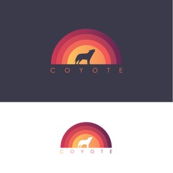 Coyote Logo Design Mark- Wolf Howling On Abstract Colorful Sunset