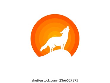 Coyote logo design mark- wolf howling on abstract colorful sunset	