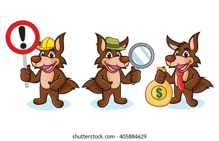 Coyote Mascot Vector with money, sign and magnifying