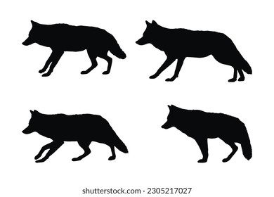 Coyote silhouette vector collection on a white background. Wild coyotes standing silhouette set design. Coyote standing and sitting. Coyote wolf black and white silhouette vector bundle.