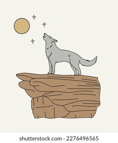 coyote stands on a rock and howls at the moon. retro vector illustration