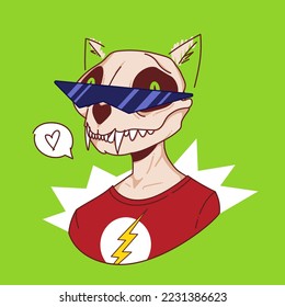 Coyote in a superhero Flash T-shirt and cyberpunk sunglasses NFT concept. Vector illustration