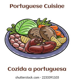 Cozido a portuguesa - traditional portuguese dish with pork, beef, chicken, potatoes, beans, carrots and cabbage