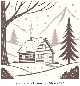 The coziness of a rustic cabin nestled in a snowy forest, using minimalist vectors to outline the cabin, trees, and a gentle snowfall.