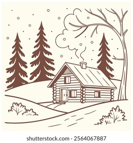 The coziness of a rustic cabin nestled in a snowy forest, using minimalist vectors to outline the cabin, trees, and a gentle snowfall