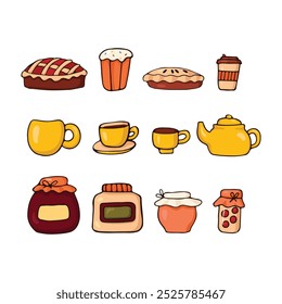 Coziness and warmth. cute cartoon set of autumn food images. Pies, jams, preserves, tea. Vector illustration of food.