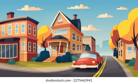 Cozy 2D illustration of a cityscape, showing a street with houses. Bright daylight filled the picture. A red car, rushing to work, drives by and brakes slightly to remember this moment