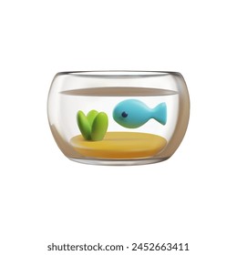 A cozy 3D vector illustration of a fishbowl with a blue fish, green plant, and sand, encapsulating a serene aquatic scene.