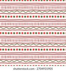Cozy abstract ornament vector seamless pattern. Hand drawn festive geometric design with wavy red, green stripes and dots on light background. Modern stylized folk repeat tile for print, fabrics