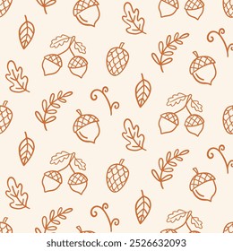 Cozy Acorn Oak Autumn Doodle Sketch Icons Seamless Pattern Background. Farm House Fall Design Elements Fabric Print Vector Illustration Vintage Retro Style