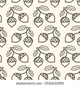 Cozy Acorn Oak Autumn Doodle Sketch Icons Seamless Pattern Background. Farm House Fall Design Elements Fabric Print Vector Illustration Vintage Retro Style