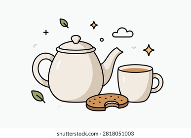 Cozy afternoon tea illustration featuring a ceramic teapot, a matching cup of warm tea, and a bitten chocolate chip cookie.