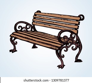 Cozy aged worn slat sofa graceful shape with iron legs on sidewalk isolated on white backdrop. Bright beige color hand drawn icon sign logo in doodle art style on paper space for text