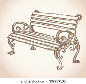 Cozy aged worn slat sofa graceful shape with iron legs on sidewalk isolated on white backdrop. Freehand ink drawn picture sketchy in art antiquity scrawl style. View closeup with space for text on sky