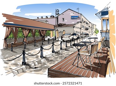 Cozy Alley of the Old Town - A Concept of Traveling Anywhere Alone. Hand-Drawn Vector Sketch, Not AI